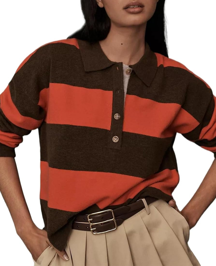 Women Striped Sweater Long Sleeve Lapel Polo V Neck Strip Knit Pullover Casual Layer Top Jumper Y... | Amazon (US)