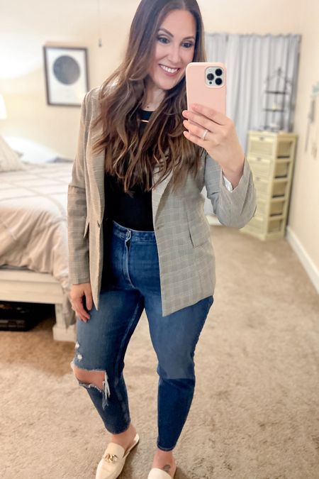 Casual office outfit.  Casual work outfit 
Blazer - medium 
Bodysuit - large 
Jeans - size 12
Mules - size 10 

Amazon, Amazon finds, Abercrombie jeans, midsize, midsize fashion, midsize style, midsize office outfit, midsize workwear 

#LTKworkwear #LTKmidsize #LTKstyletip