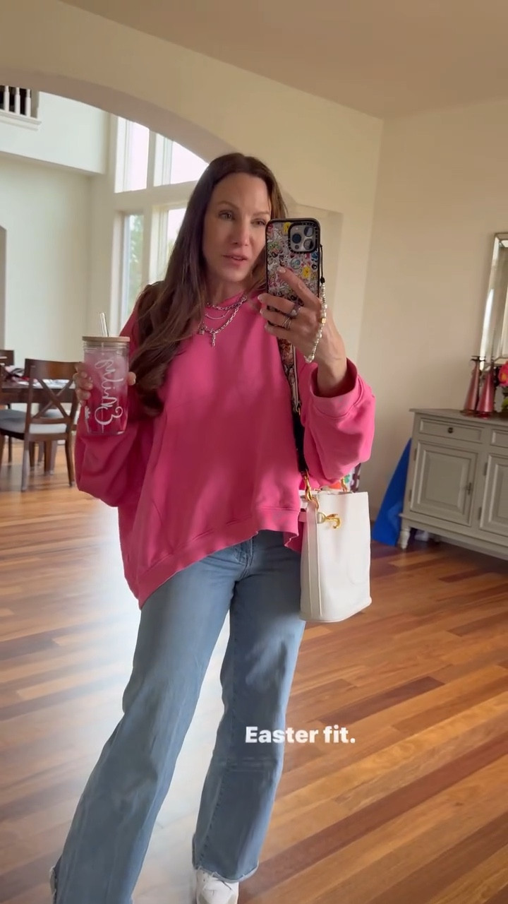 Cozy Easter ootd. Wide leg jeans, oversized pink sweatshirt and sneakers 

#LTKWatchNow #LTKOver40 #LTKSeasonal