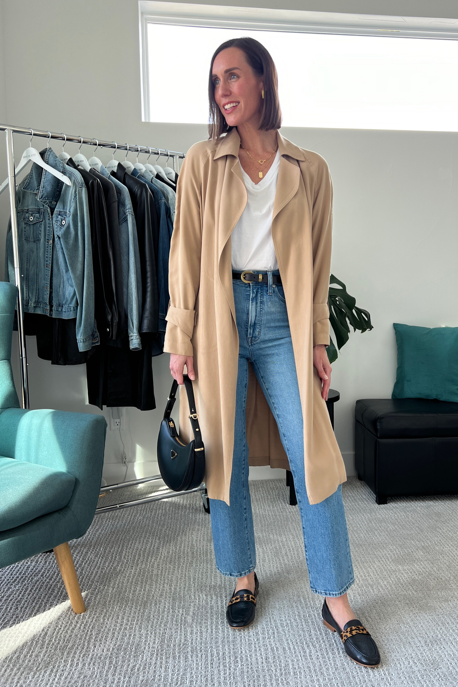 Spring outfit incorporating the ‘rule of thirds’ in both directions! Classic white tee, high-rise straight-leg jeans, black leather loafers with a touch of leopard print, classic trench coat, accessorized with the Prada bag and skinny belt to polish everything off! Simple spring outfit formula. Happy outfitting! 

#springtime #springoutfit #springstyle #casualchic

#LTKstyletip