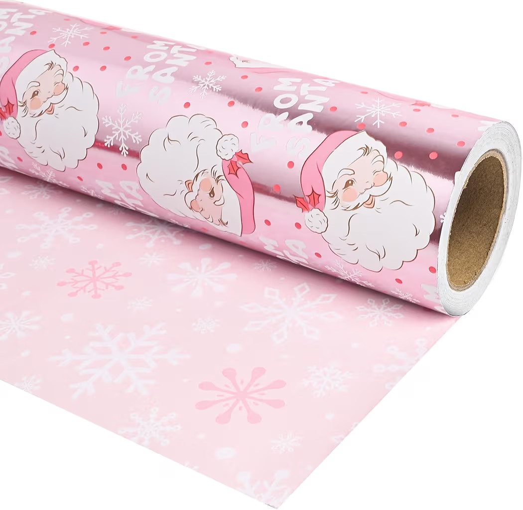 Altarho Christmas Wrapping Paper Mini Roll 17 inch X 16.5 Feet Printed on Pink Metallic Foil Pape... | Amazon (US)