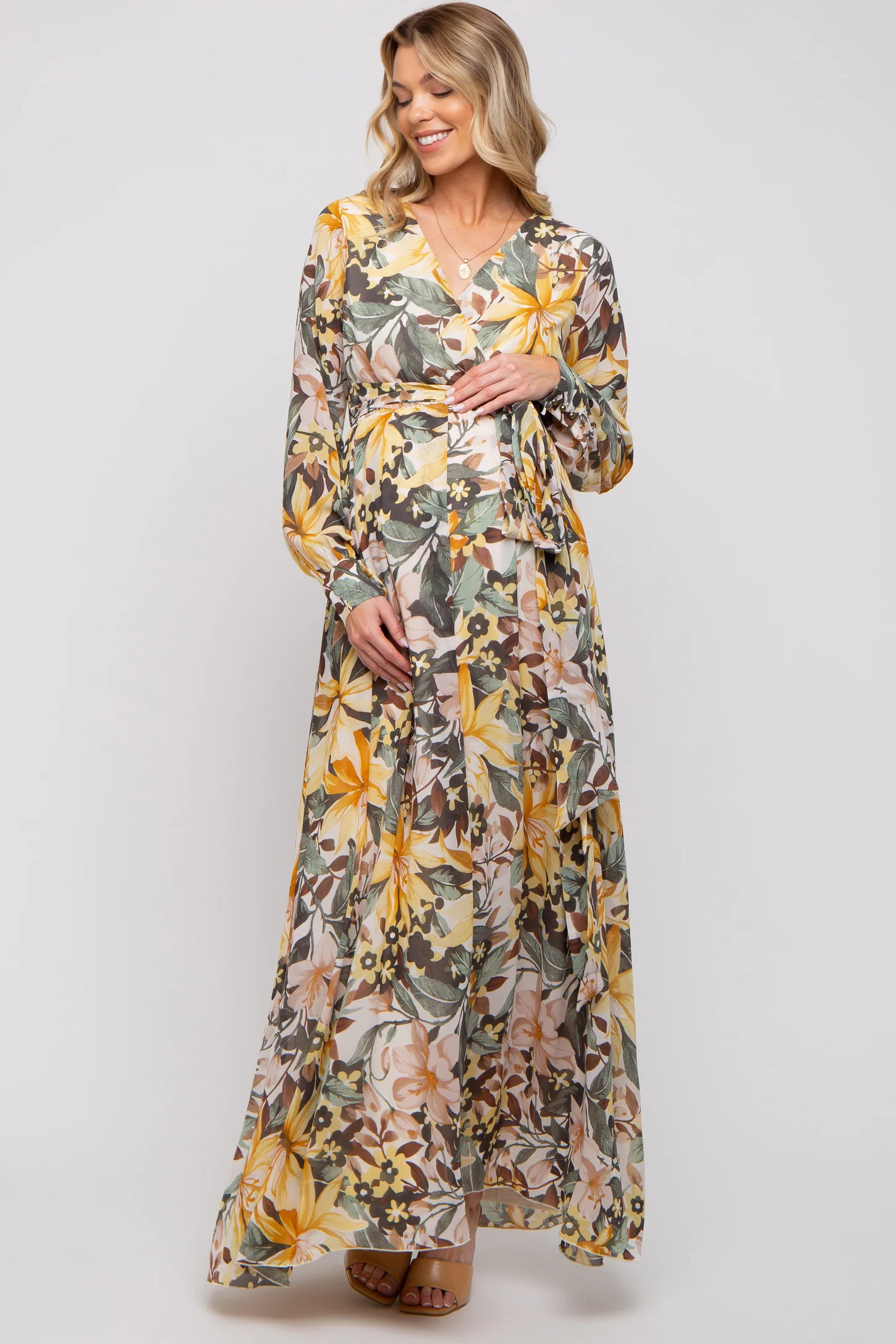 Yellow Floral Chiffon Wrap Front V-Neck Long Sleeve Maternity Maxi Dress | PinkBlush Maternity