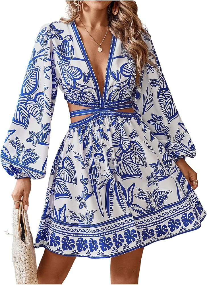 Floerns Women's Tropical Bishop Sleeve Mini Dress Cut Out Tie Back V Neck Beach A Line Dresses | Amazon (US)