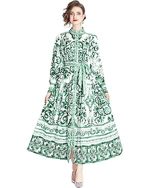 LAI MENG FIVE CATS Women's Floral Print Long Lantern Sleeve Button Up Loose Casual Maxi Dress | Amazon (US)