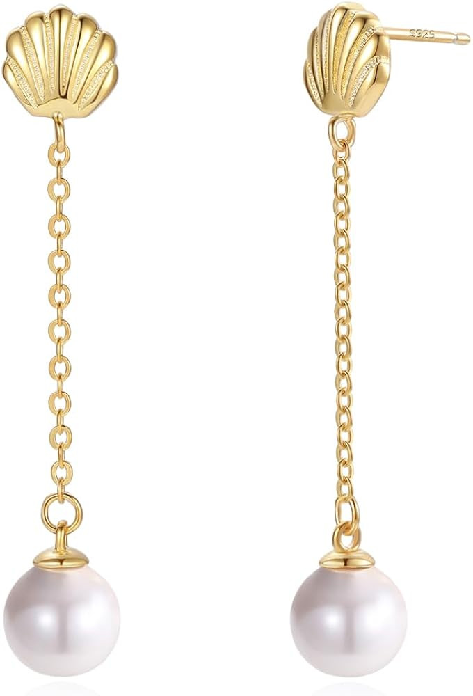 18K Gold Plated Sterling Silver Post Pearl Drop Dangle Shell Earrings for Women Girls, White Pear... | Amazon (US)