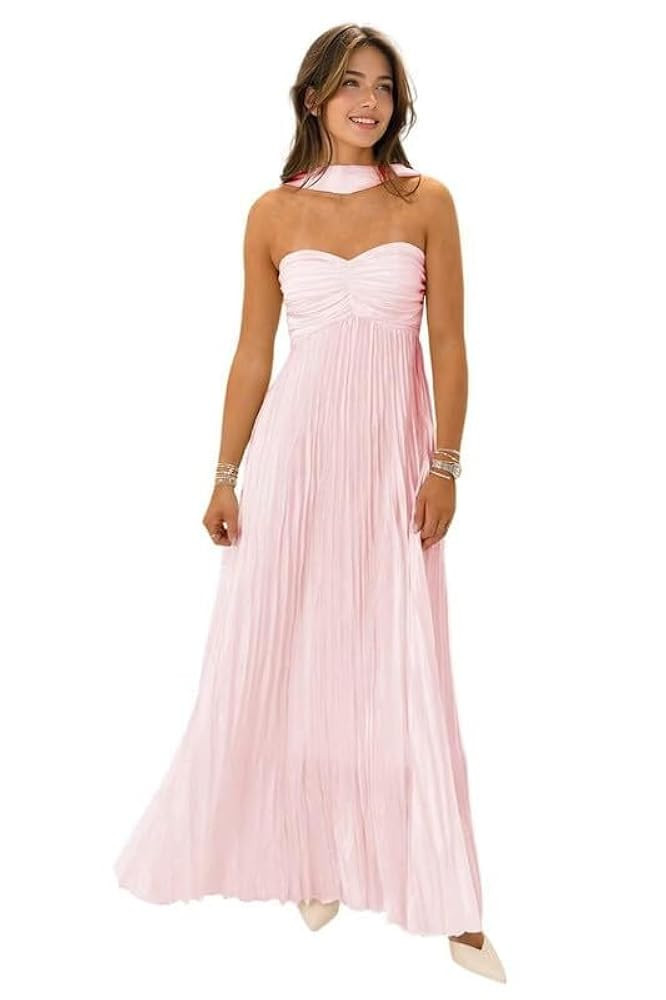 Womens Chiffon Bridesmaid Dresses with Scarf Long Strapless Prom Dresses 2025 Pleated Wedding Gue... | Amazon (US)