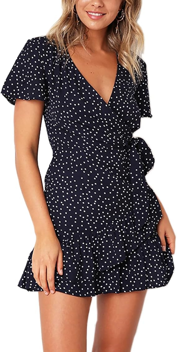 Relipop Summer Women Short Sleeve Print Dress V Neck Casual Short Dresses | Amazon (US)