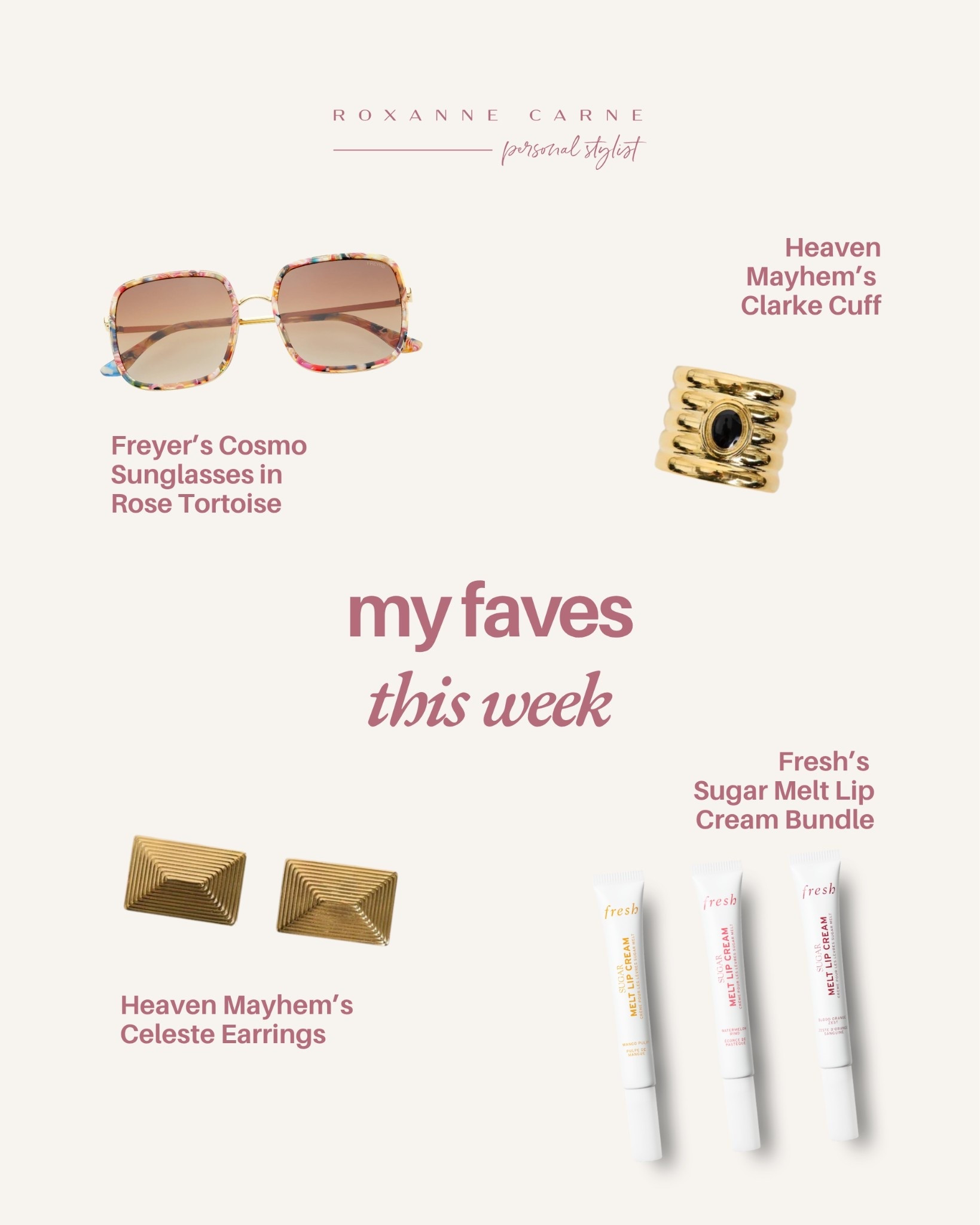 A few things I’m loving this week and reaching for on repeat: a great statement sunglass, sculptural gold jewelry that instantly pulls a look together, and the lip products I keep in every bag. 

These are the pieces making everyday outfits feel a little more polished, elevated, and fun right now!

#LTKselfcare #LTKBeauty #LTKgrwm