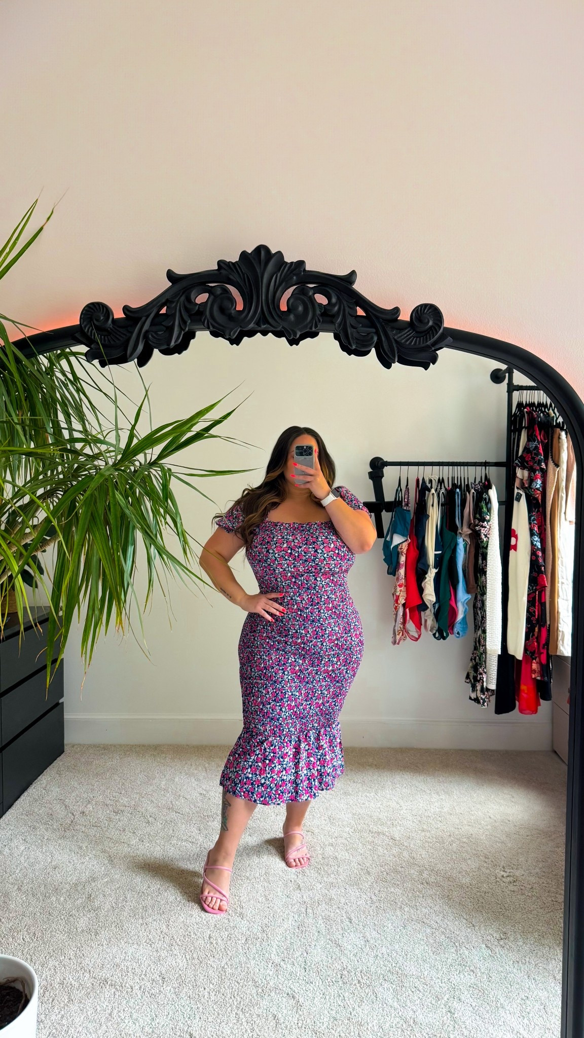 Smocked floral mermaid midi dress perfect for spring, summer, and vacation 

5’2” / size 14-16 / 39J
Wearing a LARGE (size down) 

Stretchy smocked material so a very generous and comfortable fit! 

#LTKPlusSize #LTKMidsize #LTKStyleTip