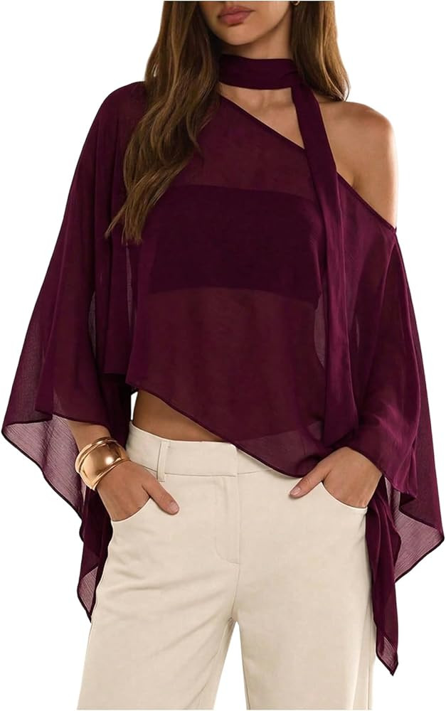 WDIRARA Women's Off the Shoulder Tops Y2k Asymmetrical Flowy Poncho Top with Scarf | Amazon (US)