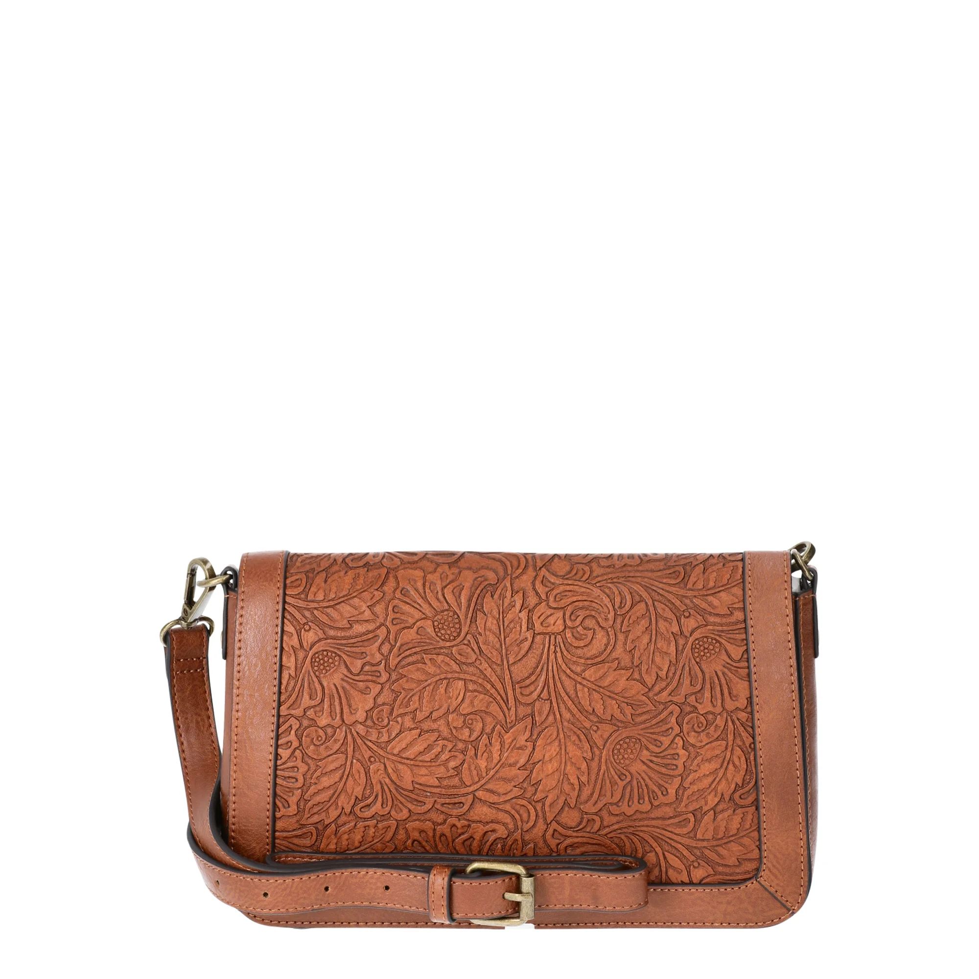 The Pioneer Woman Faux Leather Tooled Flap Crossbody Bag, Cognac - Walmart.com | Walmart (US)