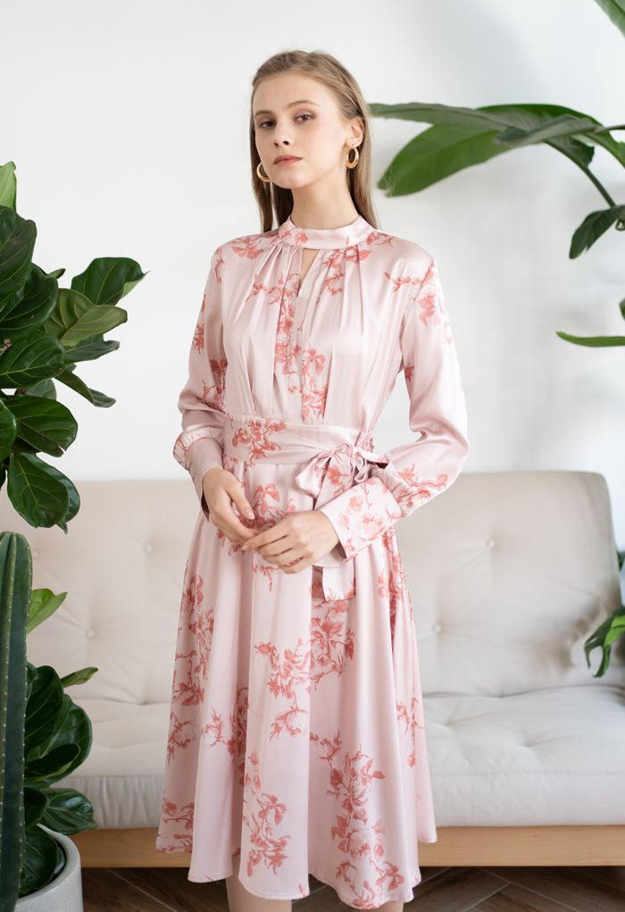 Grab the Spotlight Floral Bowknot Satin Dress in Pink | Chicwish