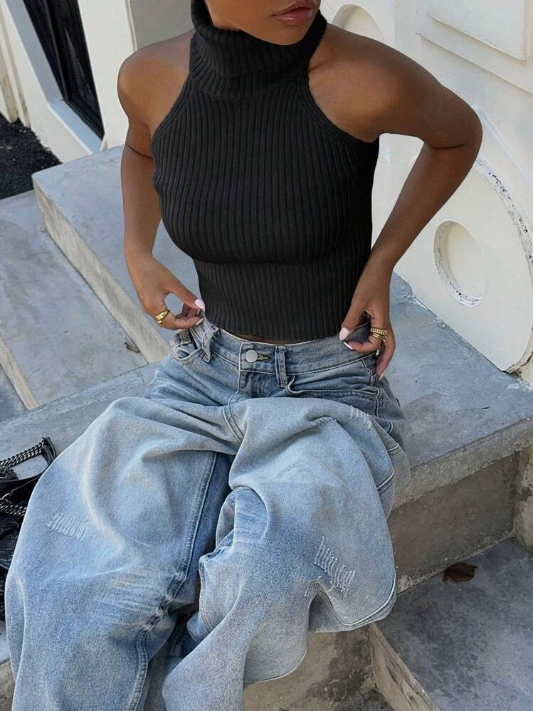 Flirla Slim Fit High Collar Women Knitted Top, Minimalist & Fashionable For Summer | SHEIN