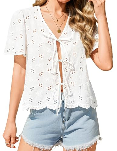 Totatuit Womens Cotton Tie Front Tops Boho V Neck Eyelet Shirt Embroidery Cute Summer Beach Vacat... | Amazon (US)