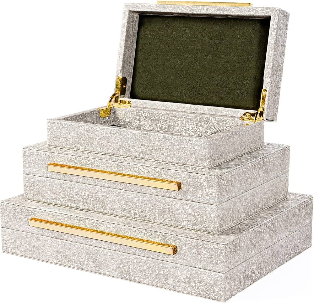 XINSTAR Faux Ivory Shagreen Leather Decorative Boxes ,Decorative Storage Boxes With Lids 3 Pcs Se... | Amazon (US)