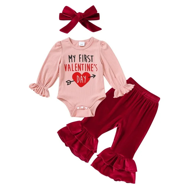 Younger Tree My First Valentine's Day Outfit Toddler Baby Girl Long Sleeve Romper Solid Pants Set... | Walmart (US)