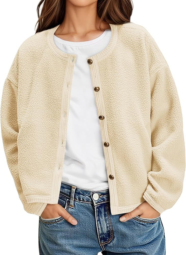 Yousify Womens Sherpa Fleece Jackets Cropped Button Down Crew Neck Coats Fall Casual Trendy Outer... | Amazon (US)