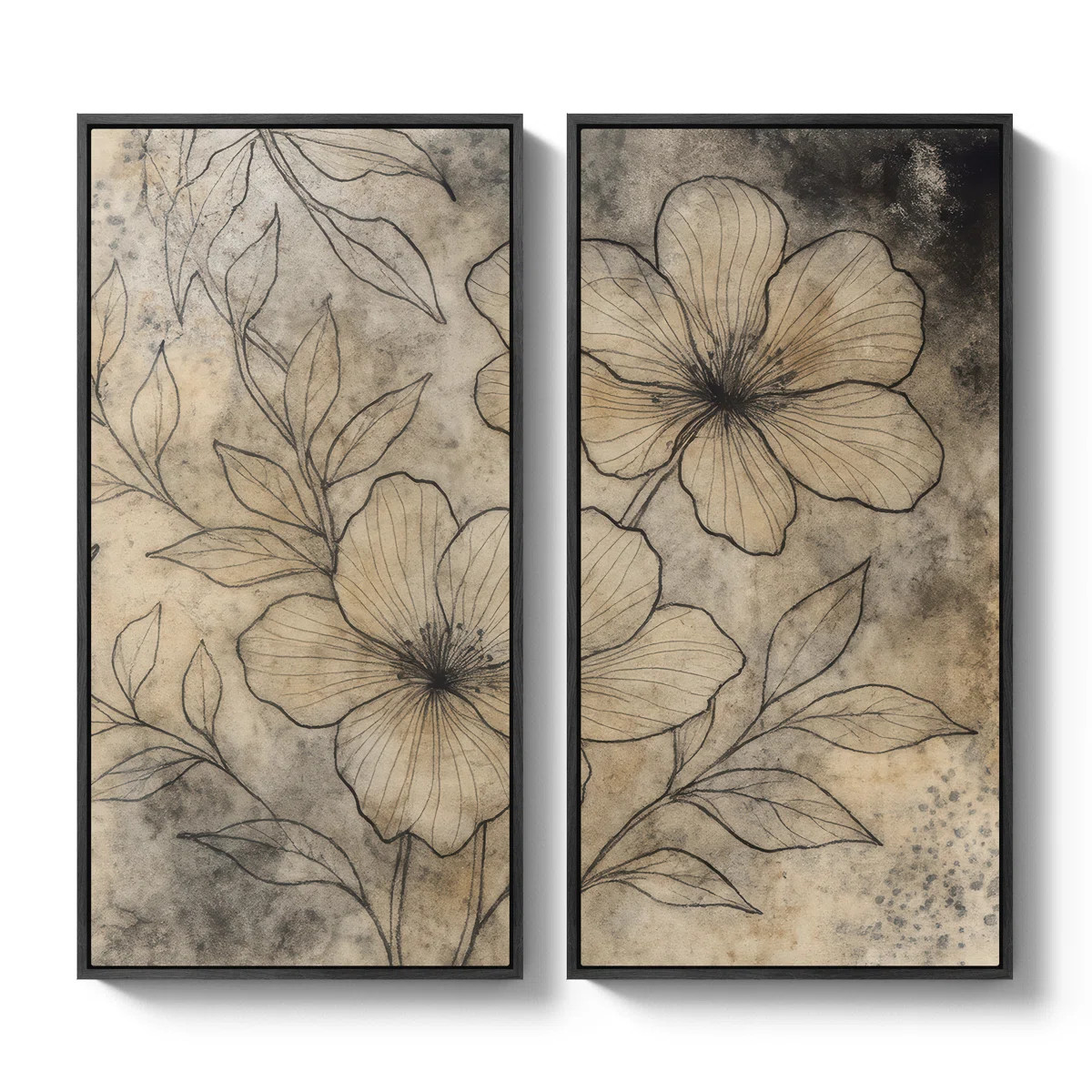 Vintage Botanical Floral Sketch Art for Living Room - Set of 2 Framed Wall Art Print on Canvas 60... | Wayfair North America