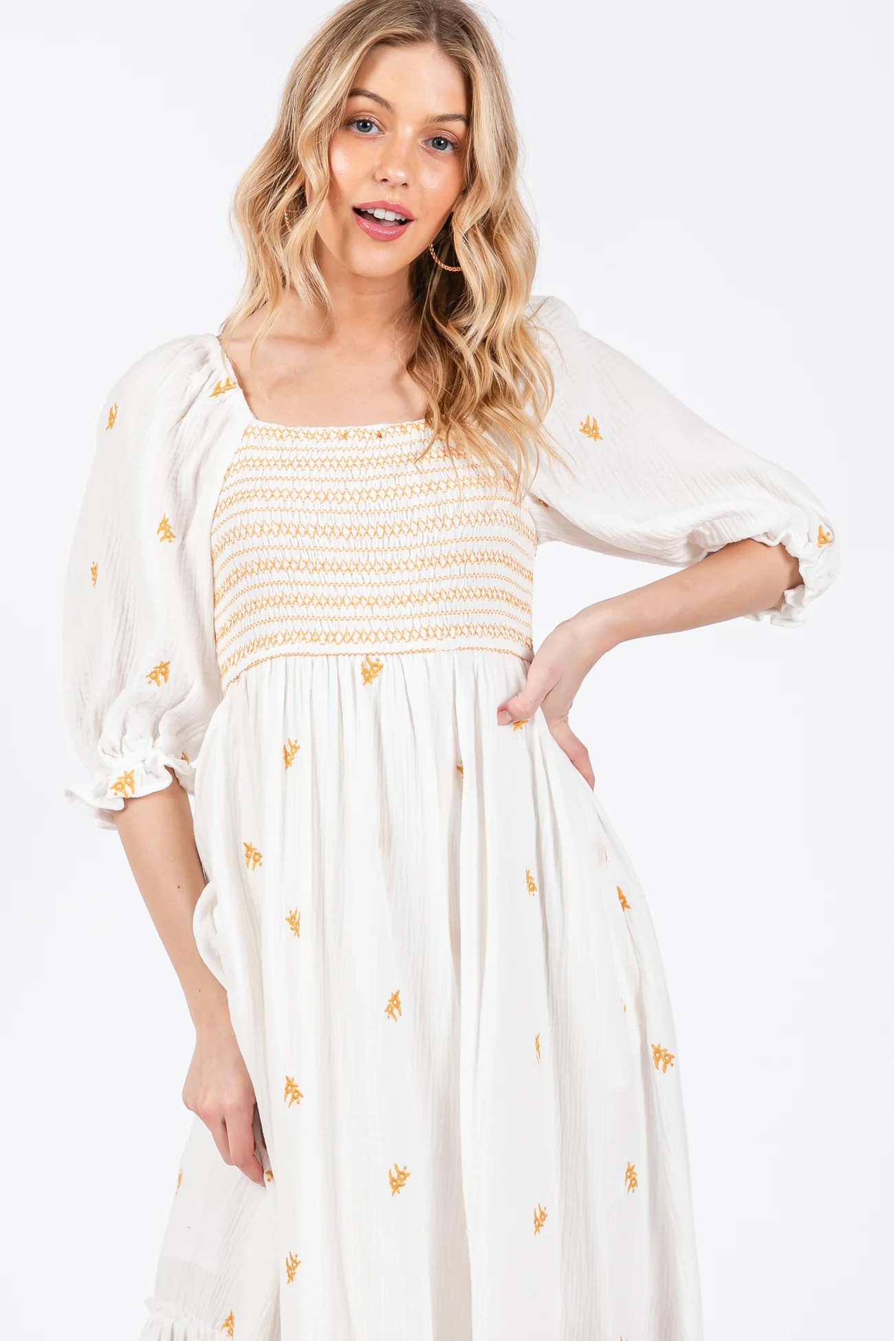 Pink Gauze Smocked Embroidered Square Neck Midi Dress | PinkBlush Maternity