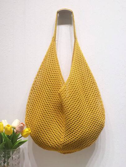 Large Capacity Crochet Shoulder Tote Bag - Lightweight, Multifunctional Knitted Polyester Handbag... | SHEIN