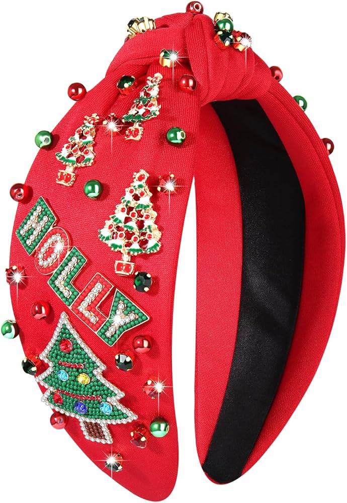 YAHPERN Christmas Headband for Women Jeweled Xmas Bow Tree Snowflake Knotted Headband Holiday Christmas Hair Accessories (Holly Red) | Amazon (US)