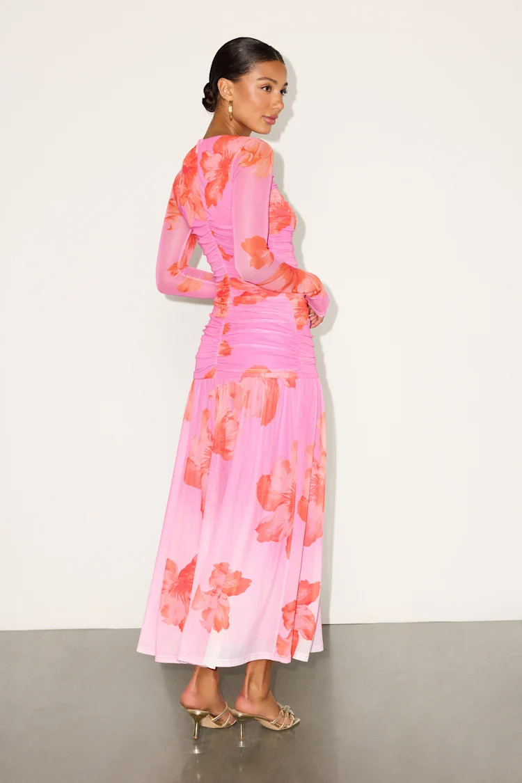 Alexius Pink Floral Mesh Cutout Long Sleeve Maxi Dress | Lulus
