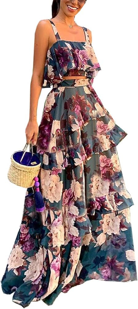 Womens Sexy 2 Pieces Tied Crop Tops Bodycon Ruffles Maxi Skirts Party Clubwear Dress Outfit Set | Amazon (US)