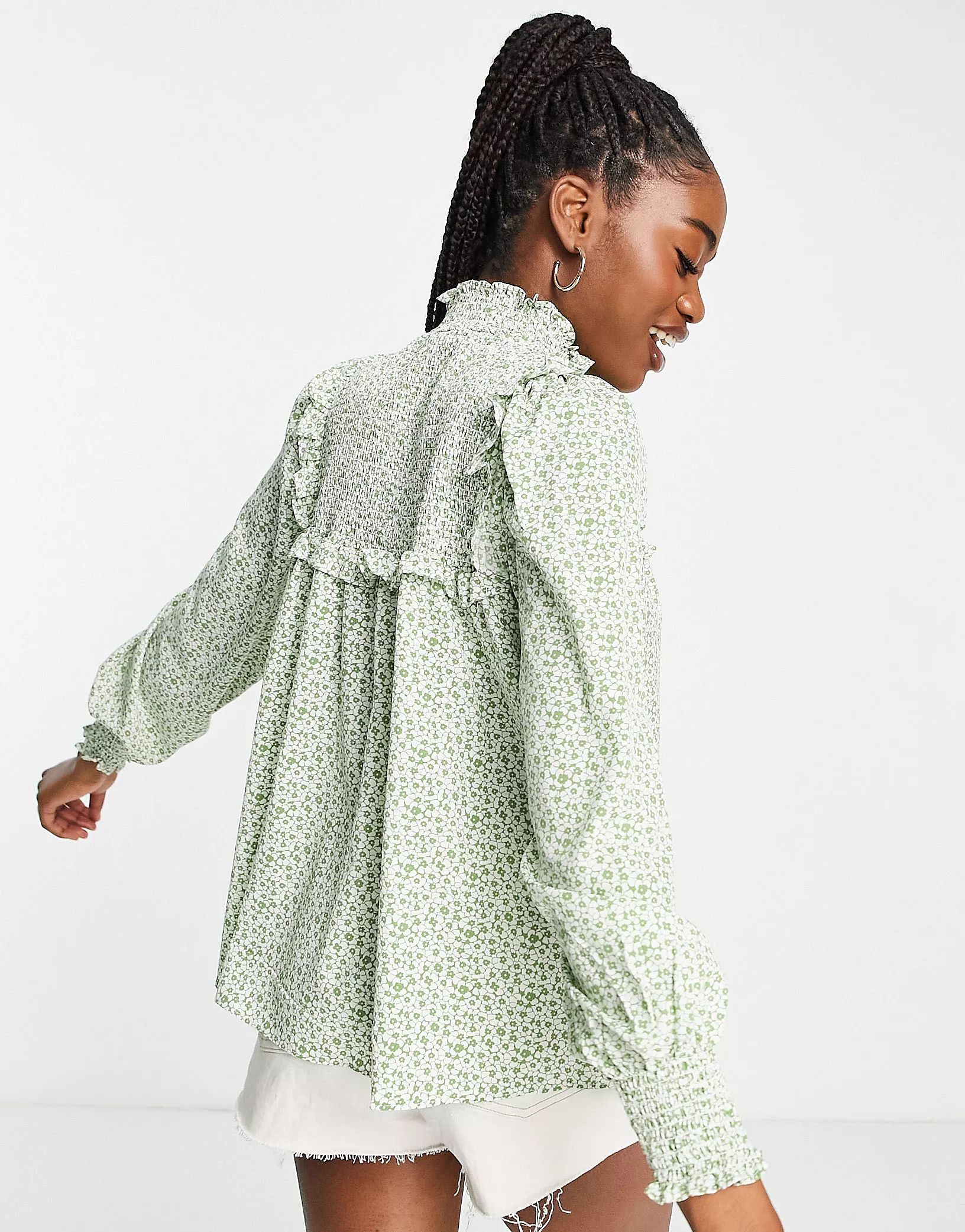 Glamorous high neck smock blouse in green floral | ASOS (Global)