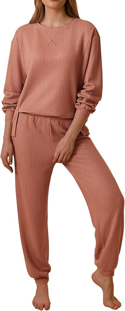 Ekouaer Waffle Knit Lounge Sets for Women Long Sleeve Pajamas with Pockets | Amazon (US)