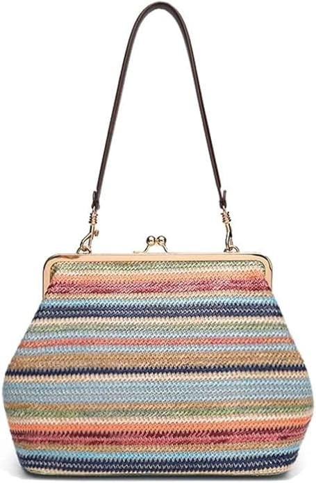 Kiss-lock Bag for Women Large Woven Purse Retro Top Handle Handbag Kiss Clasp Shoulder Bag Tote P... | Amazon (US)