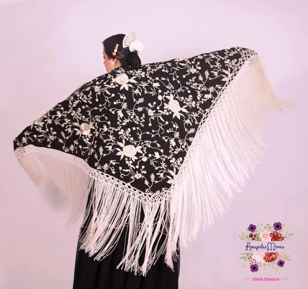 Embroidered Piano Shawl Square Black and Ecru Color. Manila Shawl for Flamenco Spanish Gypsy Danc... | Etsy (US)