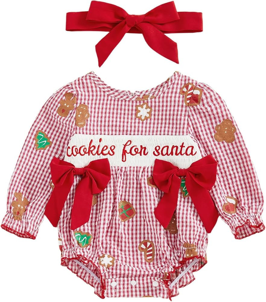 Baby Girl Christmas Outfit Plaid Cookies Santa Long Sleeve Smocked Bubble Romper Bodysuit Headban... | Amazon (US)