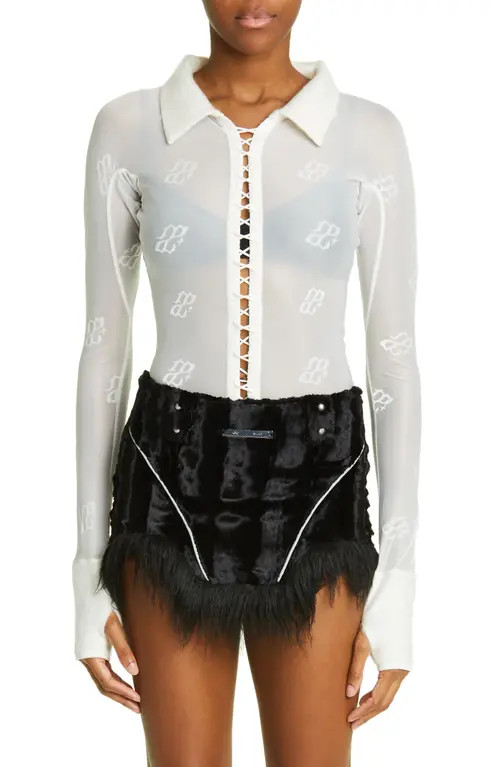 DIDU Monogram Jacquard Sheer Lace-Up Shirt in White at Nordstrom, Size Large | Nordstrom