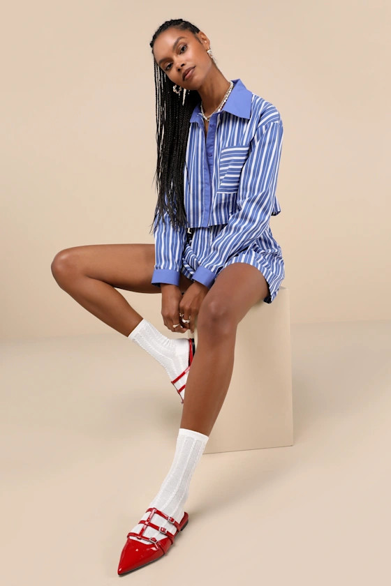 Playful Babe Blue and White Striped Cropped Button-Up Top | Lulus