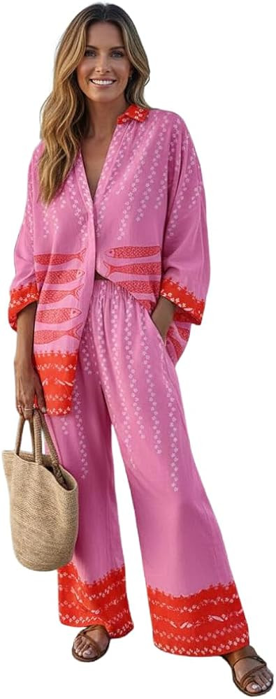 Women's Beach Vacation 2 Piece Outfits Long Sleeve Button Shirt Elastic Waist Wide Leg Pants Casu... | Amazon (US)