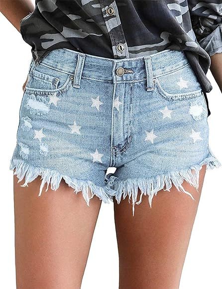 Cut Off Denim Shorts for Women Frayed Distressed Jean Short Cute Mid Rise Ripped Hot Shorts Comfy... | Amazon (US)