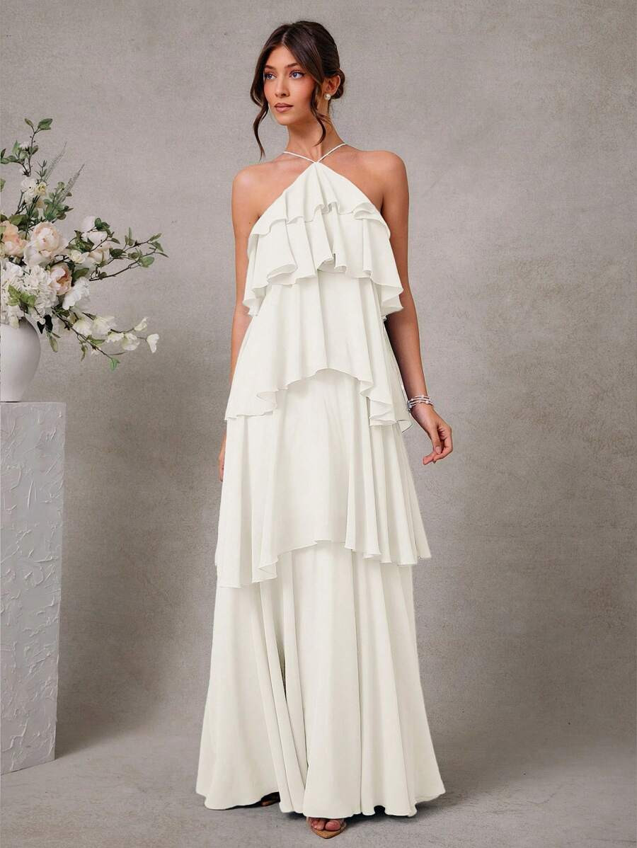 L'Amorae Elegant Romantic Wedding Guest Solid Halter Tiered Chiffon Maxi Dress | SHEIN