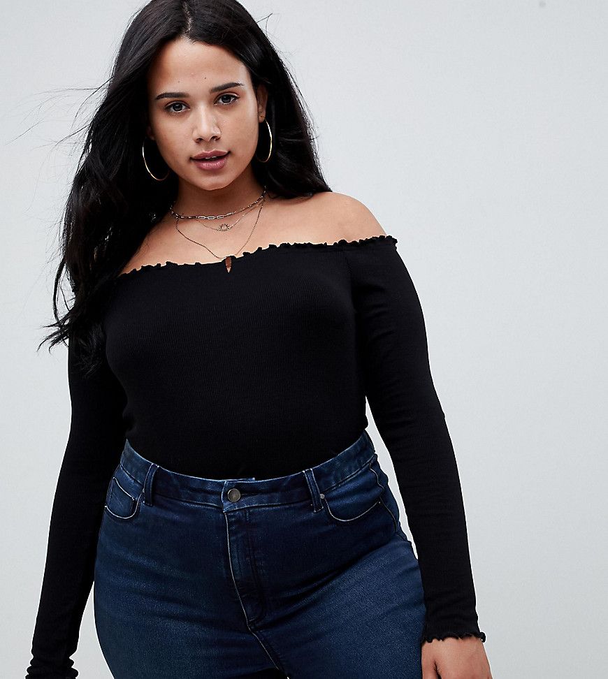 ASOS DESIGN Curve off shoulder body with long sleeves and lettucing in black - Black | ASOS US