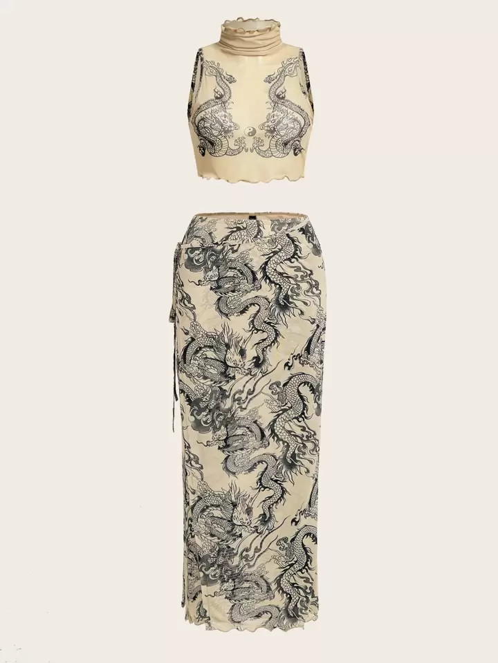 SHEIN ICON Chinese Dragon Graphic Crop Tank Top & Skirt | SHEIN