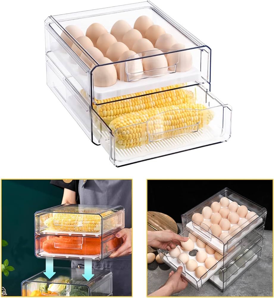 32 Grid Large Capacity Egg Holder for Refrigerator, Double Layer Drawer Type, Multi-Function Stor... | Amazon (US)
