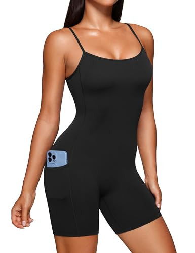 CRZ YOGA Butterluxe Athletic Rompers for Women Adjustable Padded Tank Top Workout Shorts Jumpsuit Pockets One Piece Bodysuit Black XX-Small | Amazon (US)