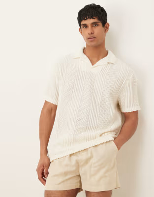 ASOS DESIGN relaxed polo shirt with camp collar in cream texture | ASOS (Global)