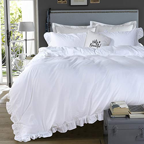QSH White Ruffle Duvet Cover Queen 100% Washed Cotton Farmhouse Shabby Boho Chic Bedding Comforter Q | Amazon (US)