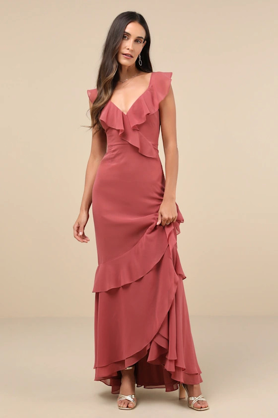Charming Event Rusty Rose Asymmetrical Ruffled Maxi Dress | Lulus