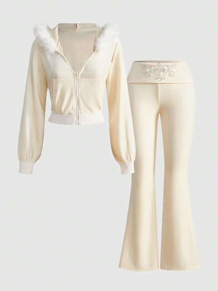 ROMWE Grunge Punk Y2K Velvet Cropped Hoodie And Low-Rise Flare Pants 2 Pieces Set For Women | SHEIN