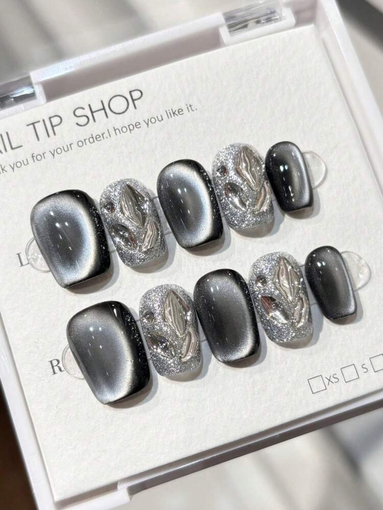 10Pcs Nail Art Stickers, Diy Huge Cat Eye Starry Sky Design, Black Detachable & Reusable Nail Decals, Suitable For Stage, Dance, Ball, Party Scene. 1Pc Nail Glue And 1Pc Nail Buffer Included. Press On Nails Nail Supplies Nails | SHEIN