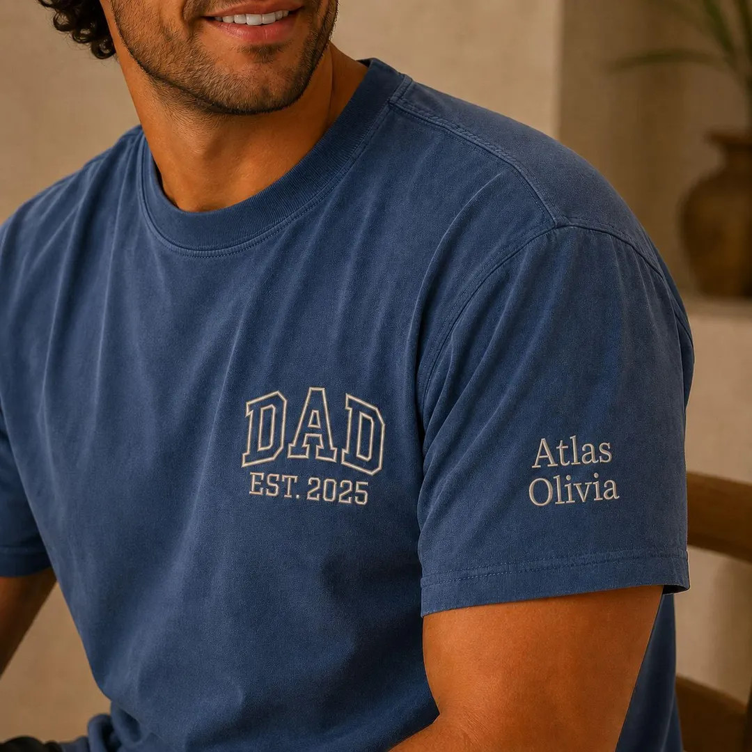 Comfort Colors Custom Dad Embroidered T-shirt, Father\u2019s Day Shirt With Kids Names on Sleeve ... | Etsy (Global)