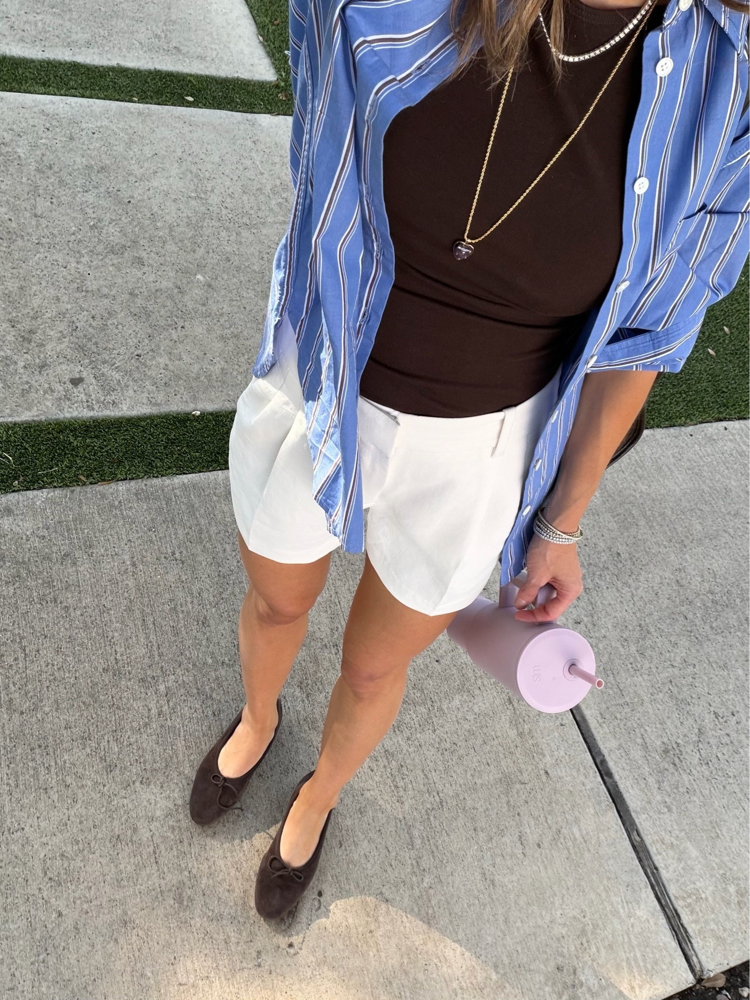 Madewell poplin button down with chocolate brown boatneck tank and aritiza shorts