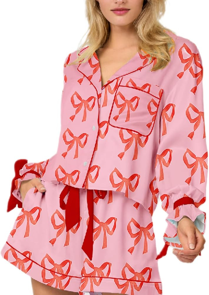 Valentine's Day Pajamas for Women Satin Silk Heart Print 2 Piece Pjs Bow Tie Long Sleeve Shirt Sh... | Amazon (US)