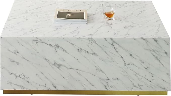 Modern Square Coffee Table Low Gloss Marble White Finish End Table for Living Room 39.37" W x 13.... | Amazon (US)